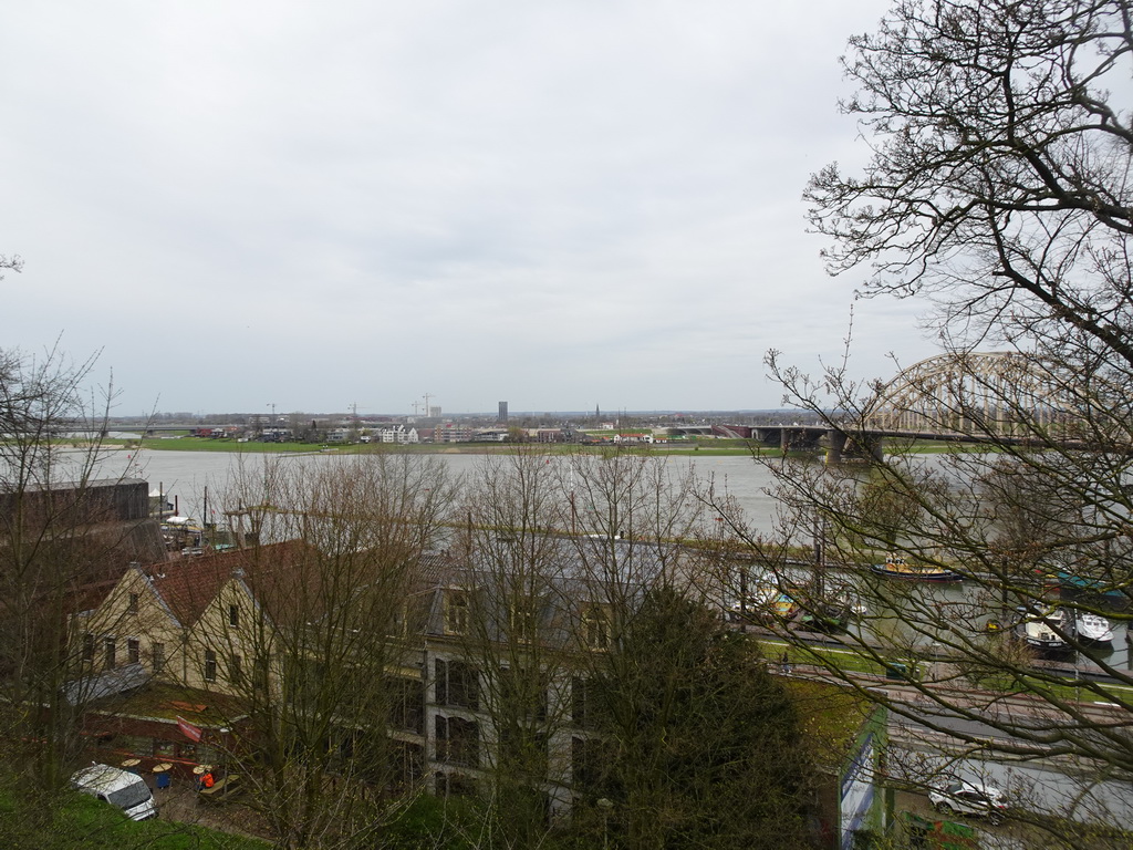 The Waalbrug bridge over the Waal river and the Lindenberghaven harbour, viewed from the Valkhof park
