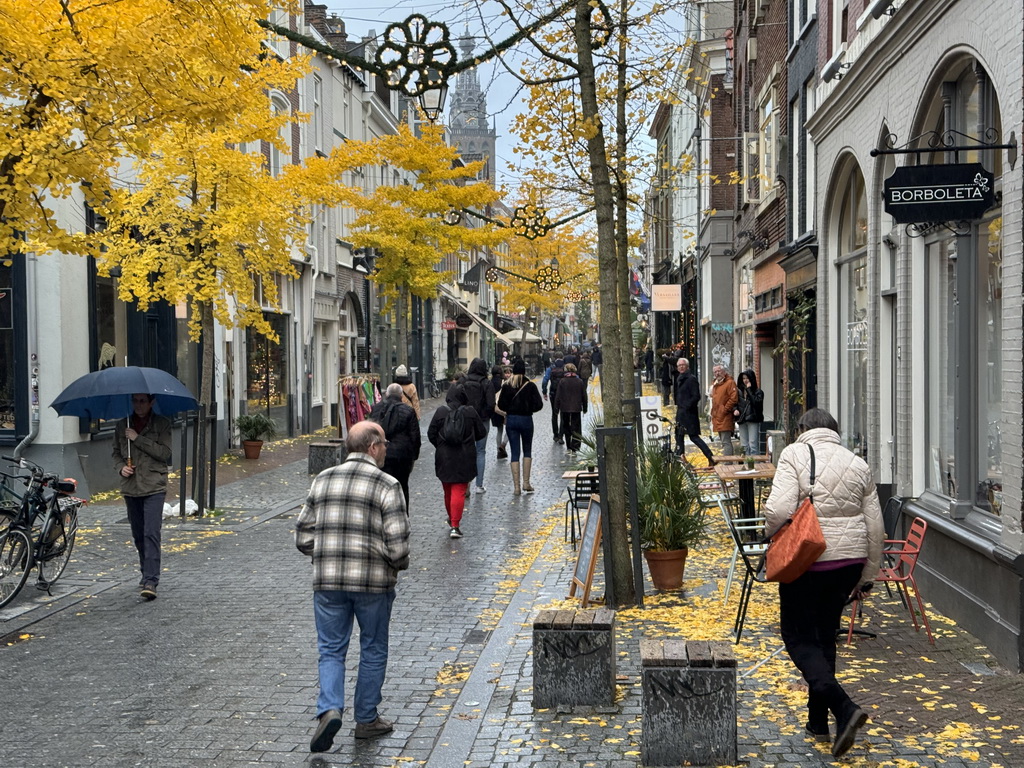 The Lange Hezelstraat street and the tower of the Sint Stevenskerk church