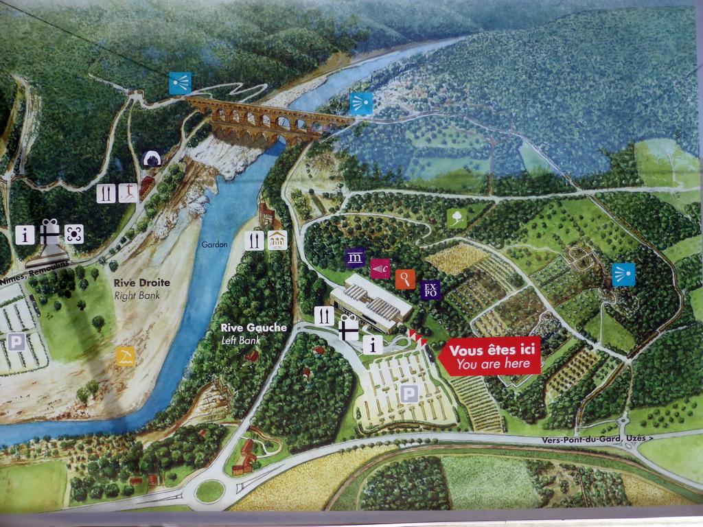 Map of the area around the Pont du Gard aqueduct bridge at the information center