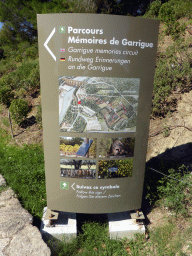 Sign of the Garrigue Memories Circuit, at the road on the northwest side of the Pont du Gard aqueduct bridge