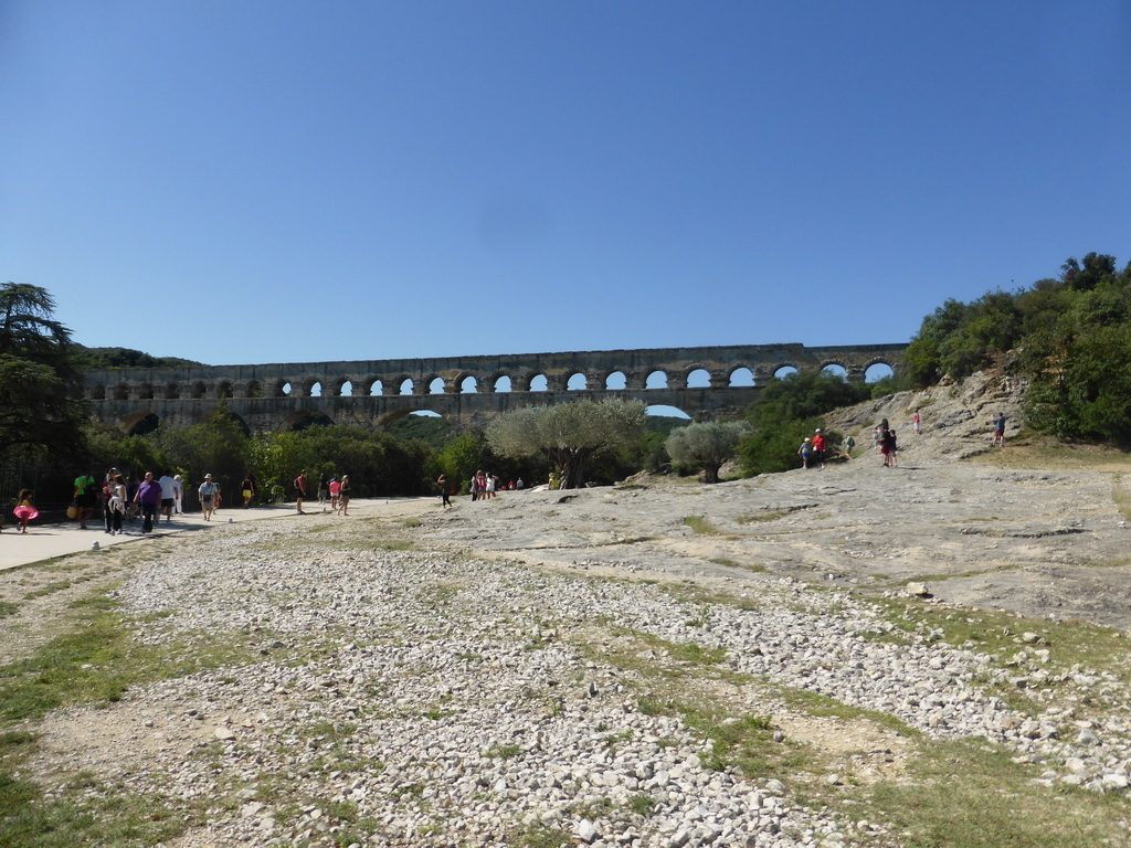The Pont du Gard aqueduct bridge, viewed from the road on the northwest side