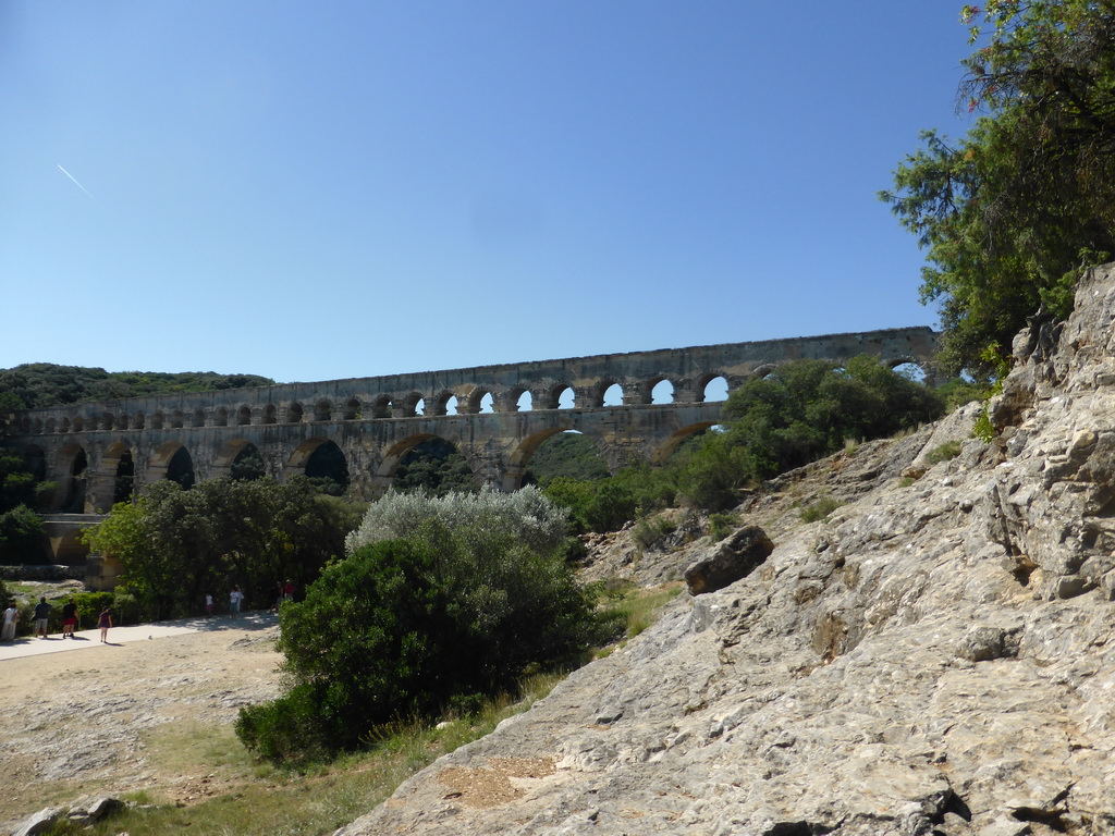 The Pont du Gard aqueduct bridge, viewed from the road on the northwest side