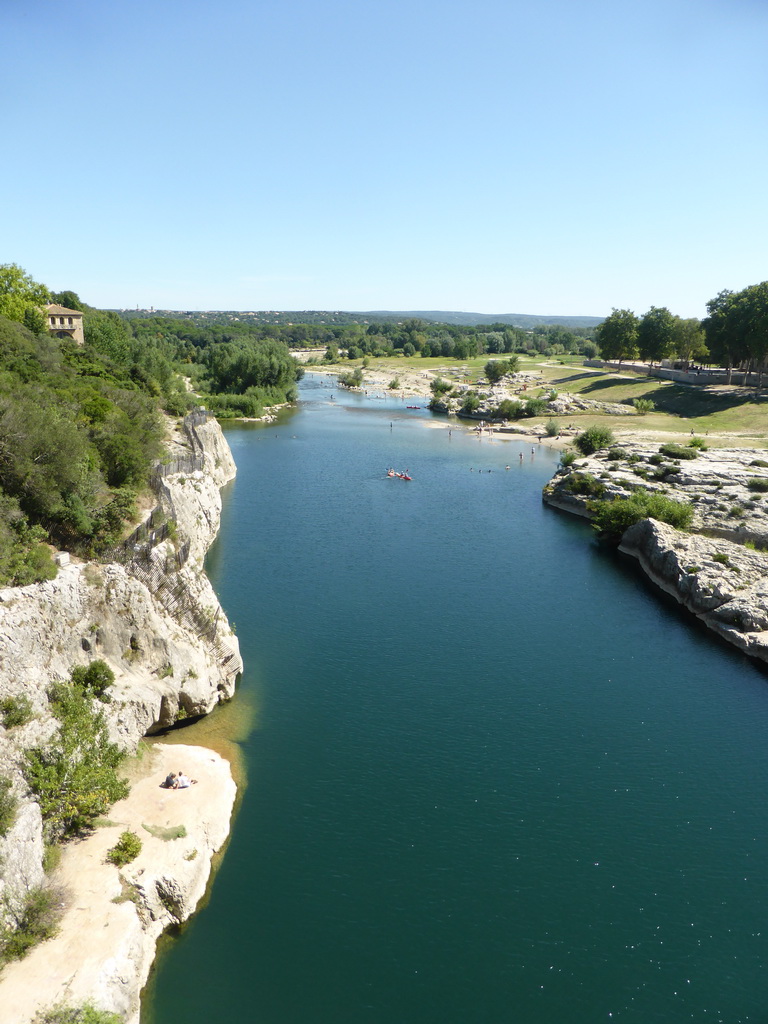 The north side of the Gardon river, viewed from the Pont du Gard aqueduct bridge