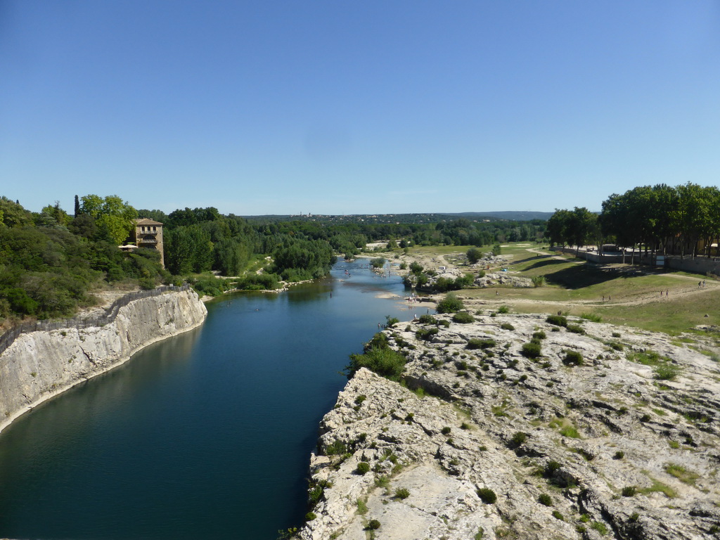 The north side of the Gardon river, viewed from the Pont du Gard aqueduct bridge