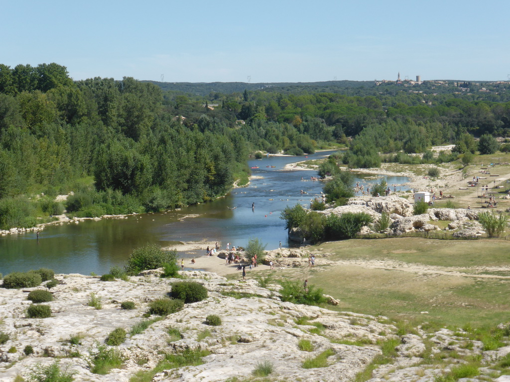 The north side of the Gardon river, viewed from the Pont du Gard aqueduct bridge