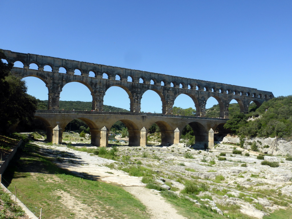 The Pont du Gard aqueduct bridge, viewed from the road on the northeast side