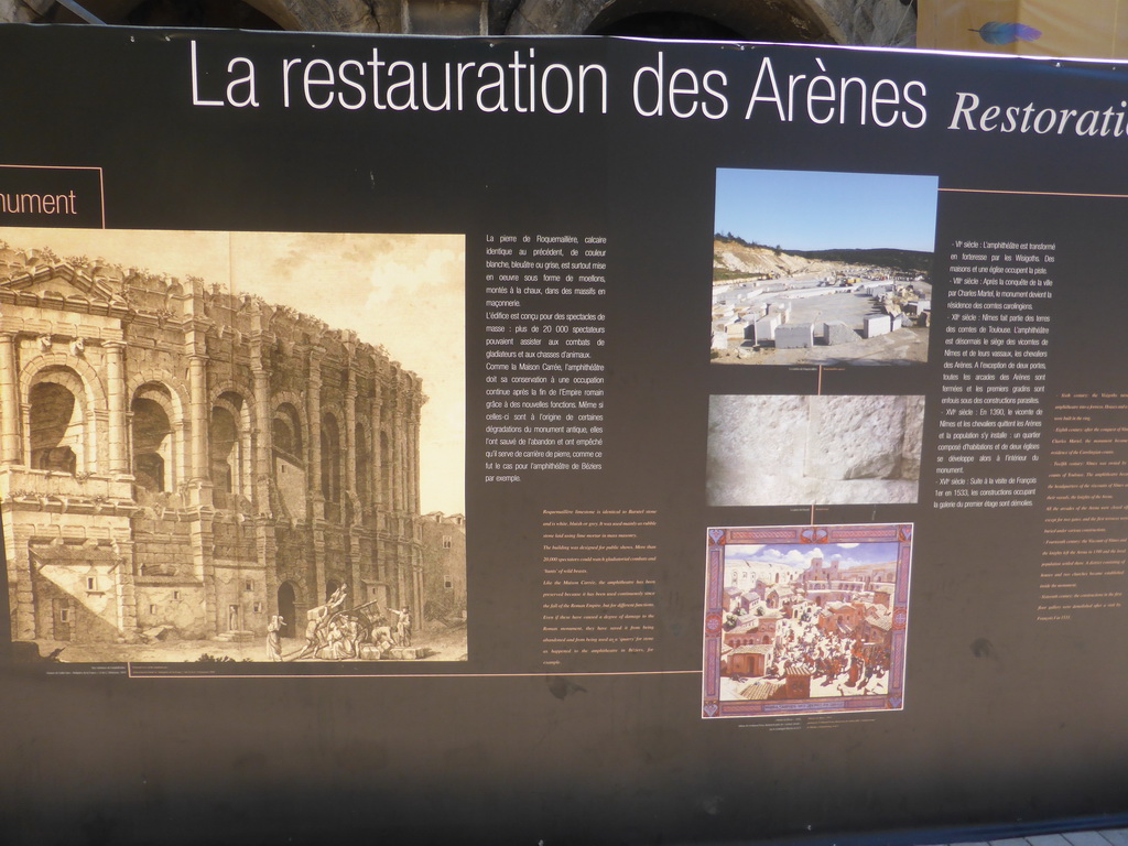 Information on the restoration of the Arena of Nîmes, at the west side of the Arena of Nîmes