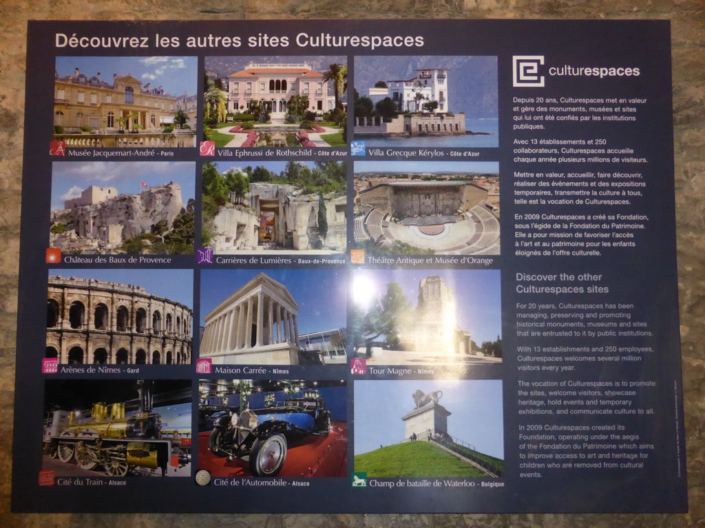 Information on the Culturespaces sites, at the west side of the Arena of Nîmes