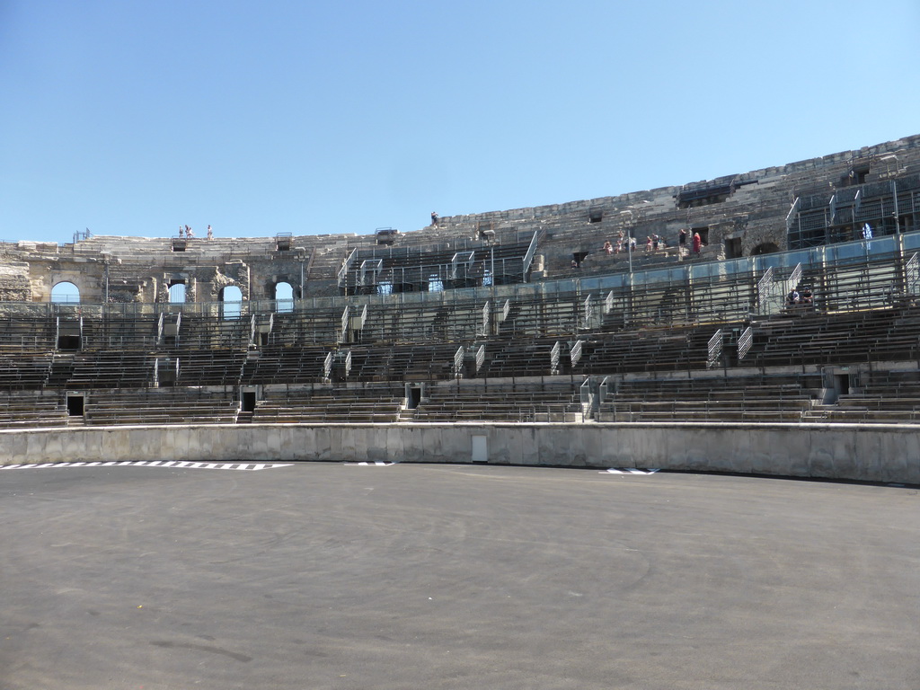 The southeast side of the interior of the Arena of Nîmes, viewed from the bottom rows of seats