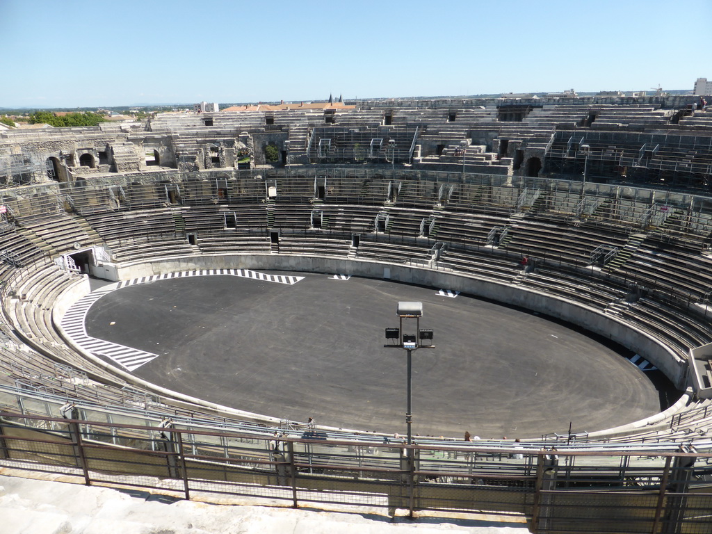 The east side of the interior of the Arena of Nîmes, viewed from the top rows of seats
