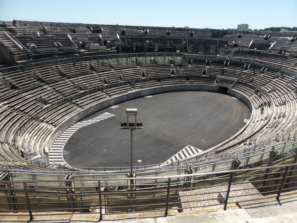 The south side of the interior of the Arena of Nîmes, viewed from the top rows of seats