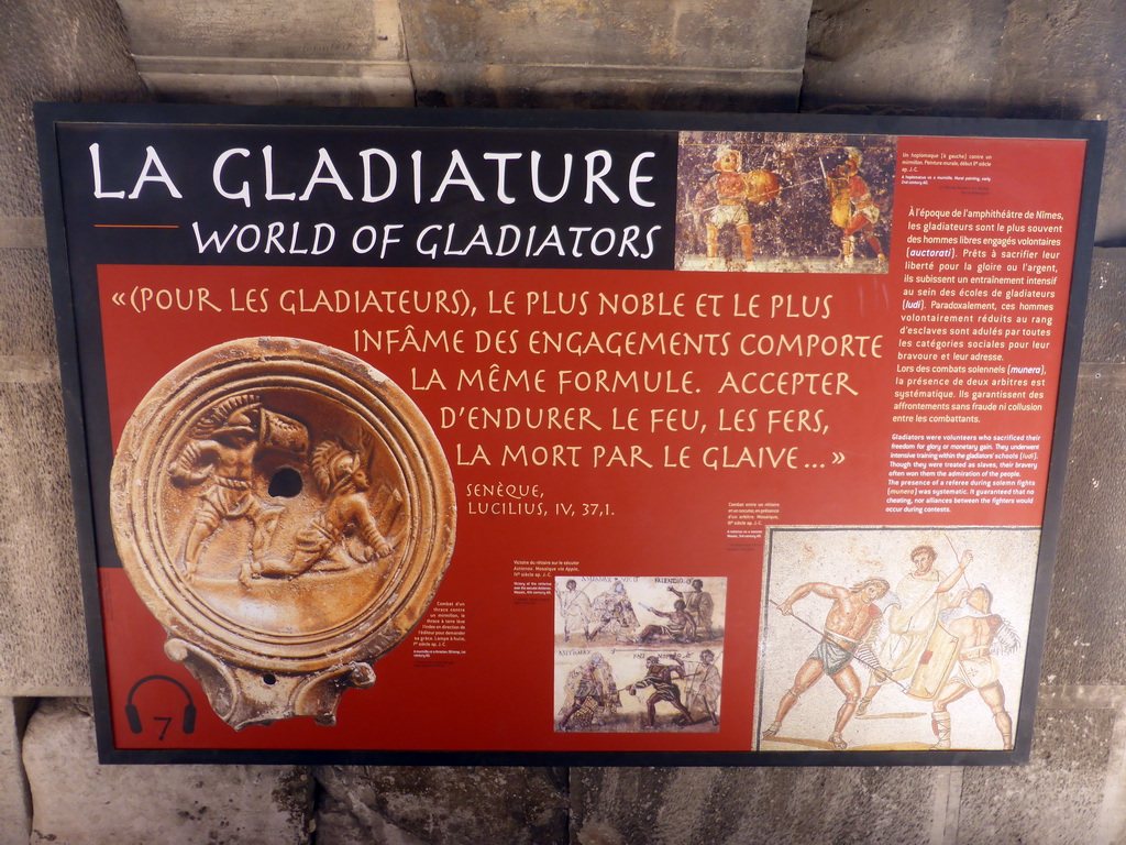 Information on the World of Gladiators, at the upper walkway of the Arena of Nîmes