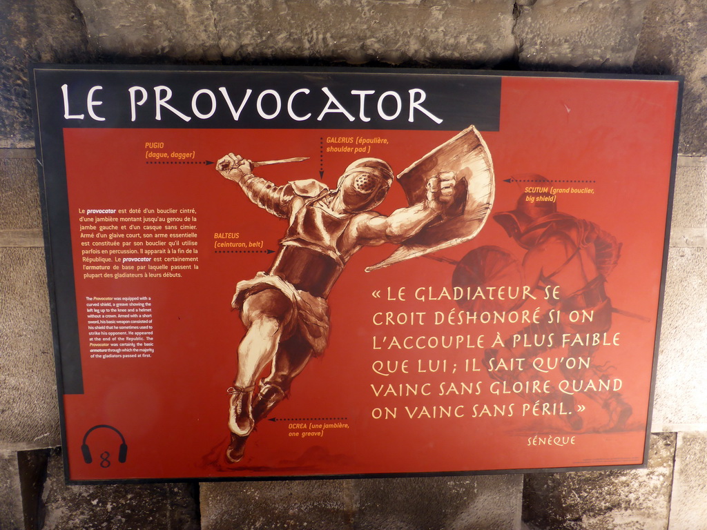 Information on the `Provocator` Gladiator, at the upper walkway of the Arena of Nîmes