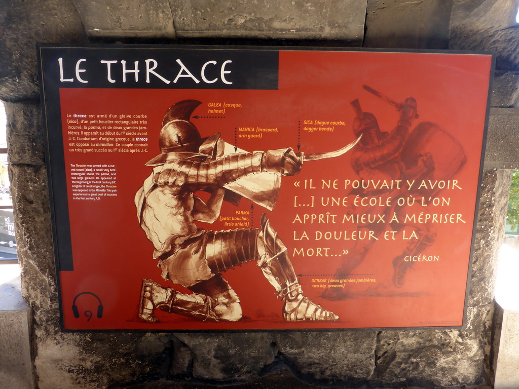 Information on the `Thracian` Gladiator, at the upper walkway of the Arena of Nîmes