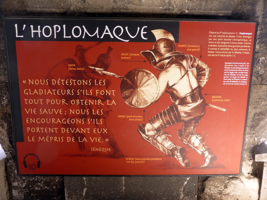 Information on the `Oplomachus` Gladiator, at the upper walkway of the Arena of Nîmes
