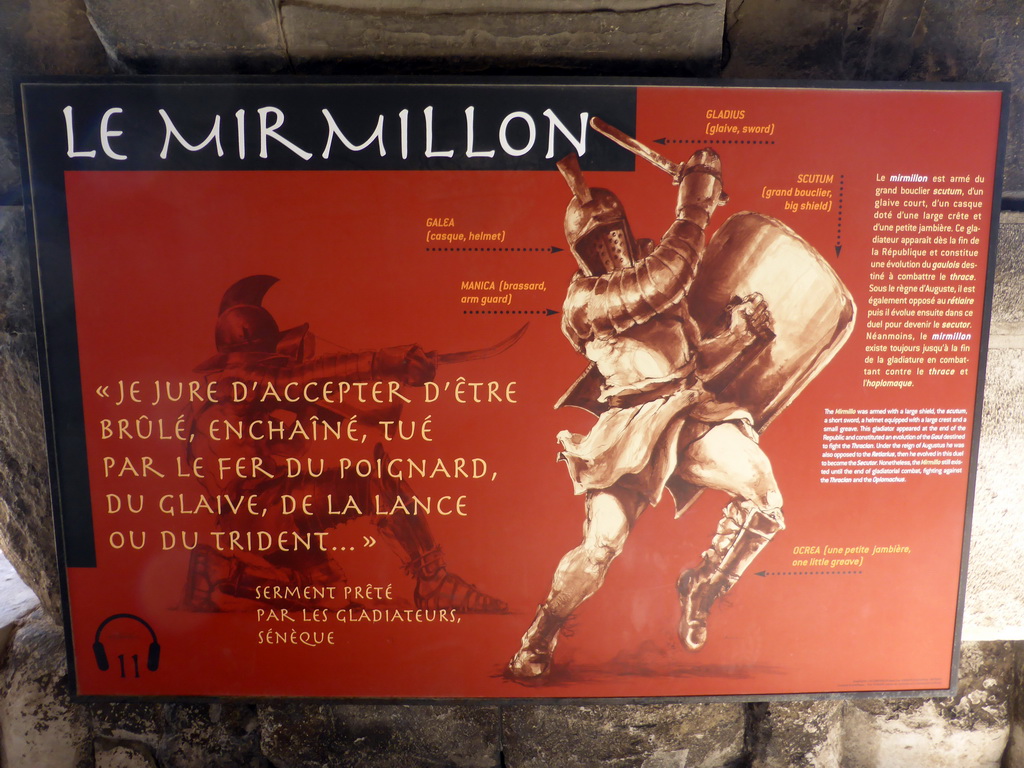 Information on the `Murmillo` Gladiator, at the upper walkway of the Arena of Nîmes
