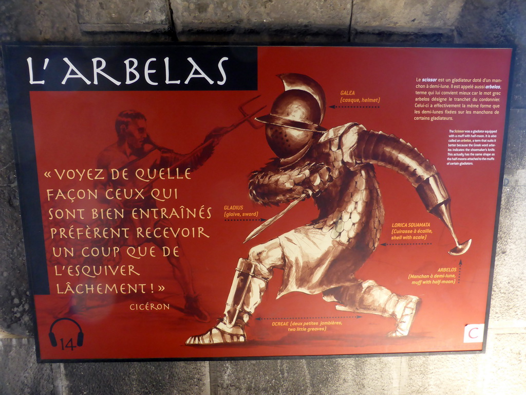 Information on the `Scissor` Gladiator, at the upper walkway of the Arena of Nîmes