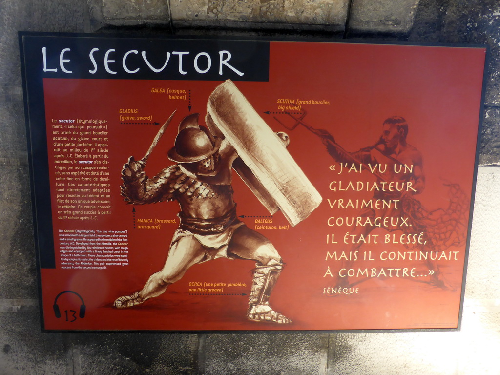 Information on the `Secutor` Gladiator, at the upper walkway of the Arena of Nîmes