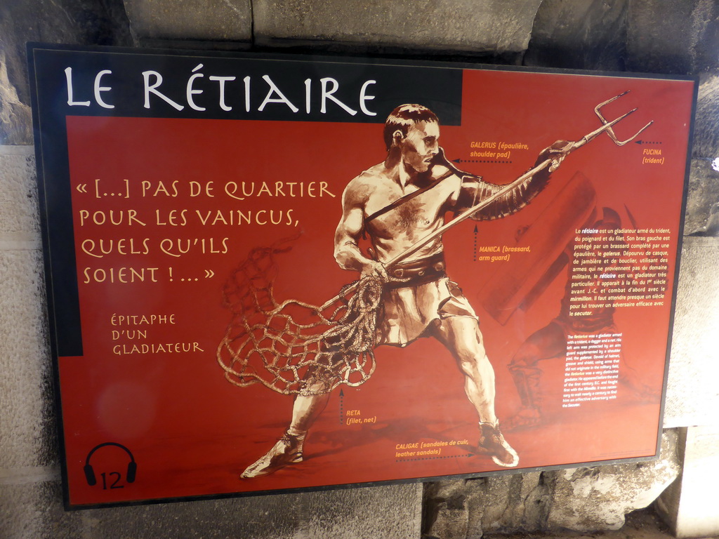 Information on the `Retiarius` Gladiator, at the upper walkway of the Arena of Nîmes