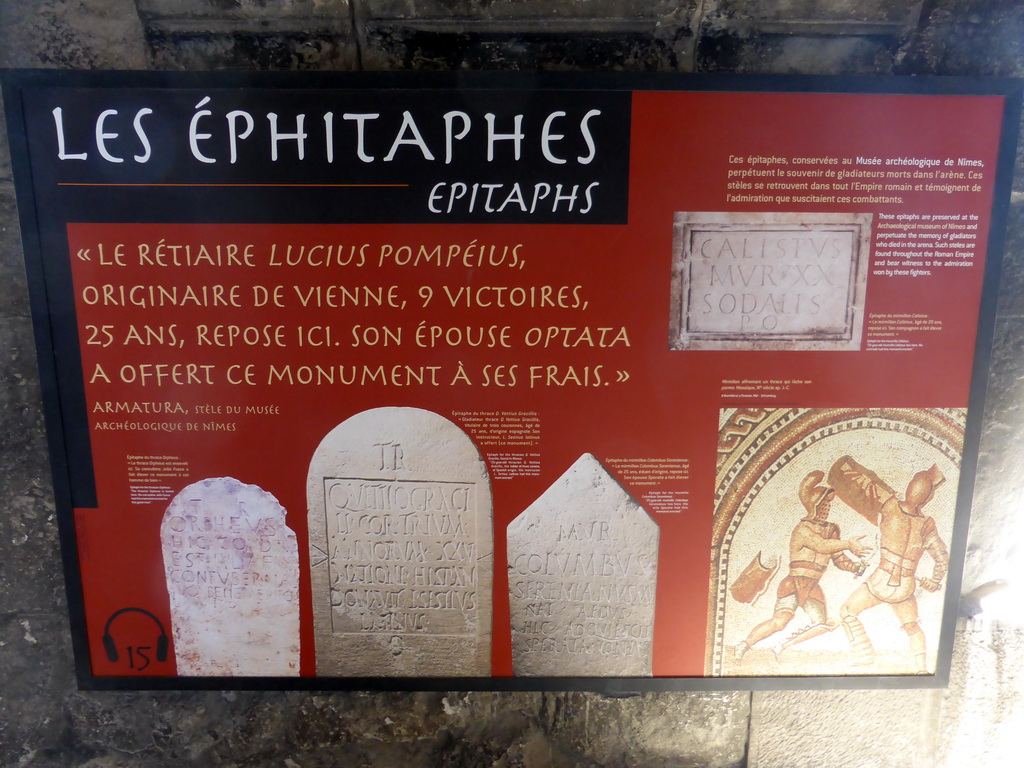 Information on epitaphs, at the upper walkway of the Arena of Nîmes