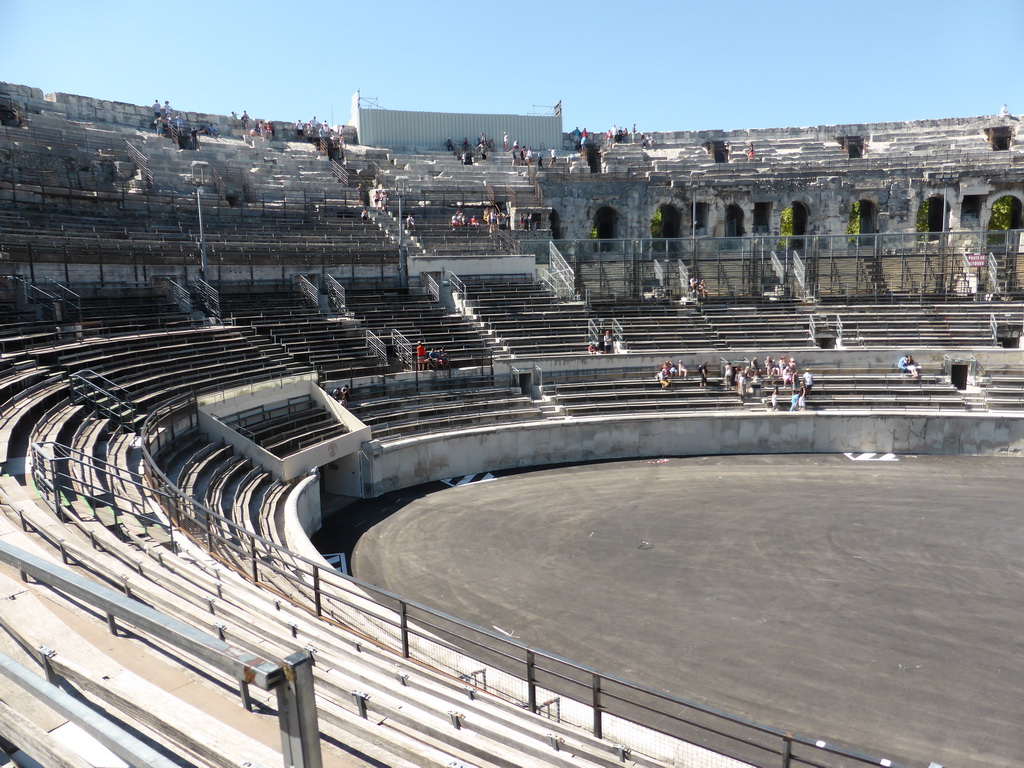 The west side of the interior of the Arena of Nîmes, viewed from the upper middle rows of seats