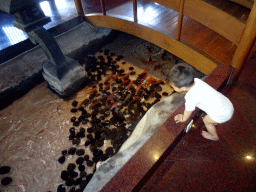 Max at a pond with fish at the Matsuri restaurant at the Bali Collection shopping mall