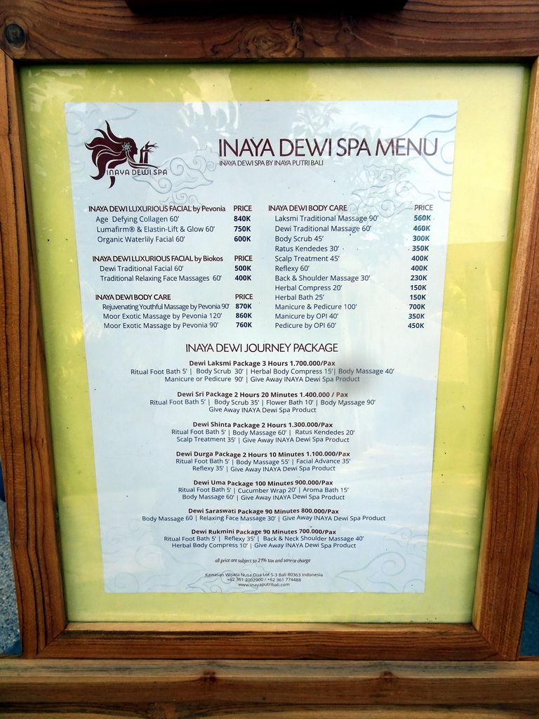 Menu of the Inaya Dewi Spa at the Inaya Putri Bali hotel