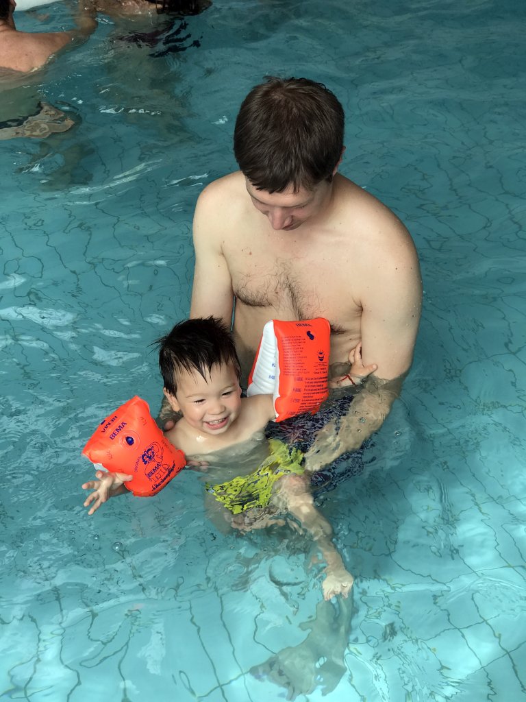 Tim and Max at the swimming pool at the Roompot De Katjeskelder holiday park