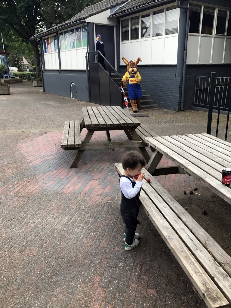 Max and the mascot Koos Konijn at the central square of the Roompot De Katjeskelder holiday park