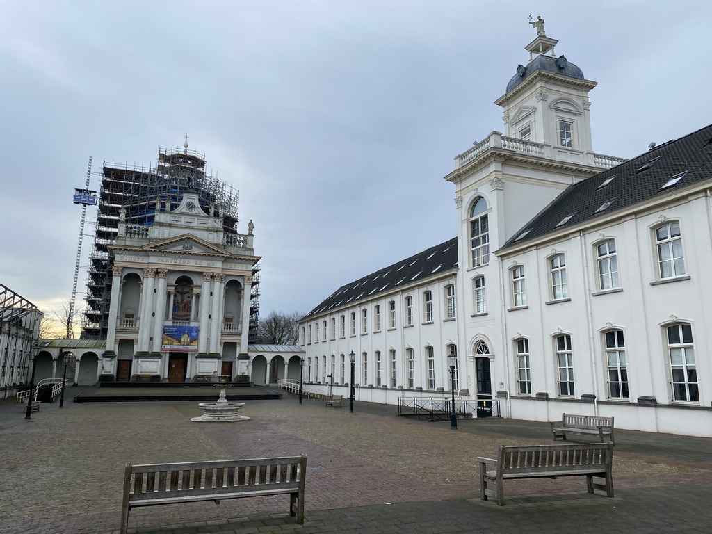 The Saint Louisplein square with a fountain, the Chapel of Saint Louis and the Aloysiusbouw building, under renovation