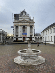 The Saint Louisplein square with a fountain and the Chapel of Saint Louis, under renovation