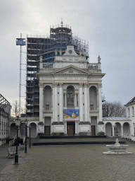 The Saint Louisplein square with a fountain and the front of the Chapel of Saint Louis, under renovation