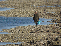 Miaomiao looking for seashells at the dyke at the Viane Beach
