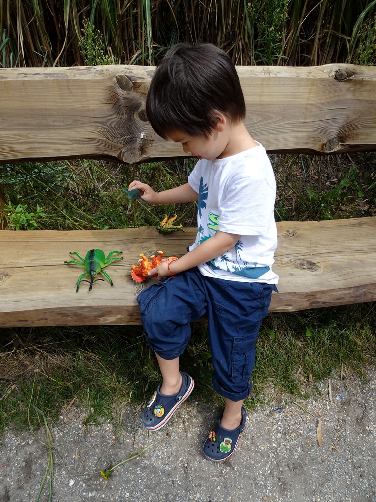 Max playing with animal and dinosaur toys at the Ngorongoro area at ZooParc Overloon