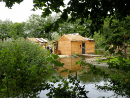 Wooden houses and pond at the Madagascar area at ZooParc Overloon
