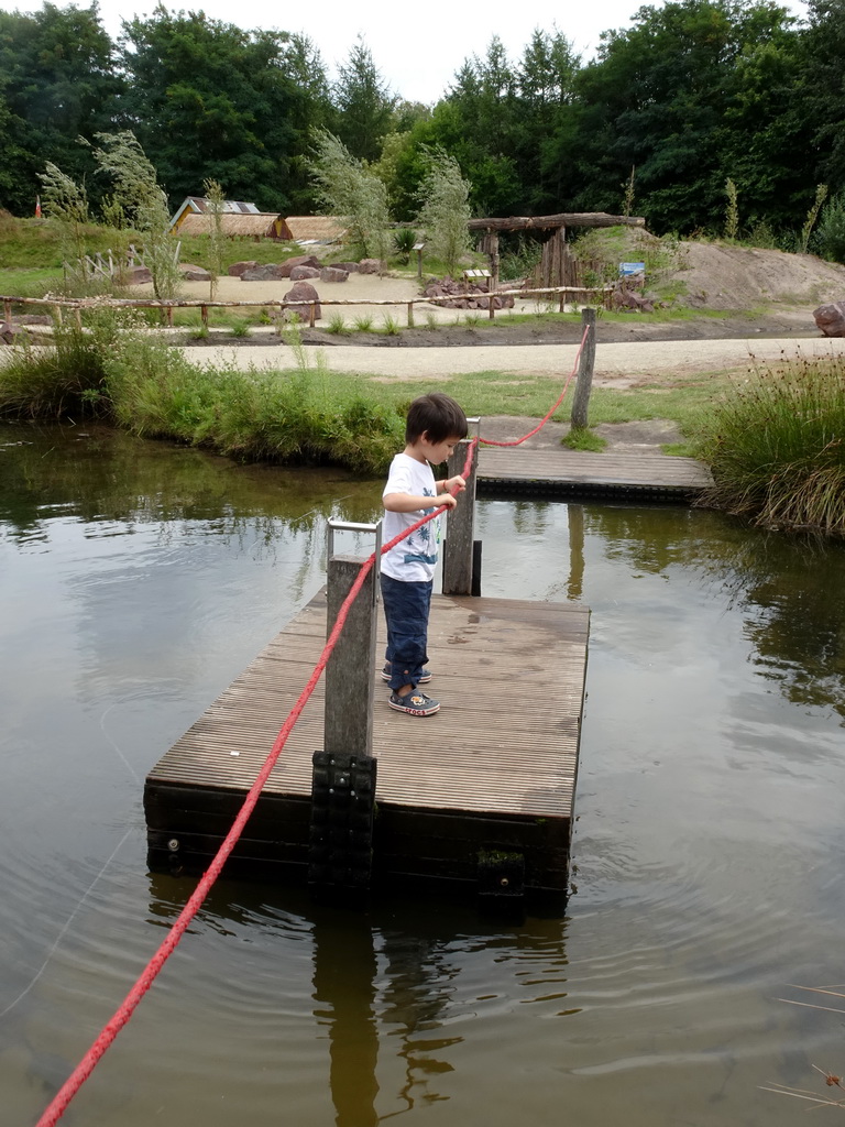 Max on a cable ferry at the Basecamp area at ZooParc Overloon