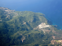 Terraces and the town of Banyalbufar on the northwest side of Mallorca, viewed from the airplane from Rotterdam