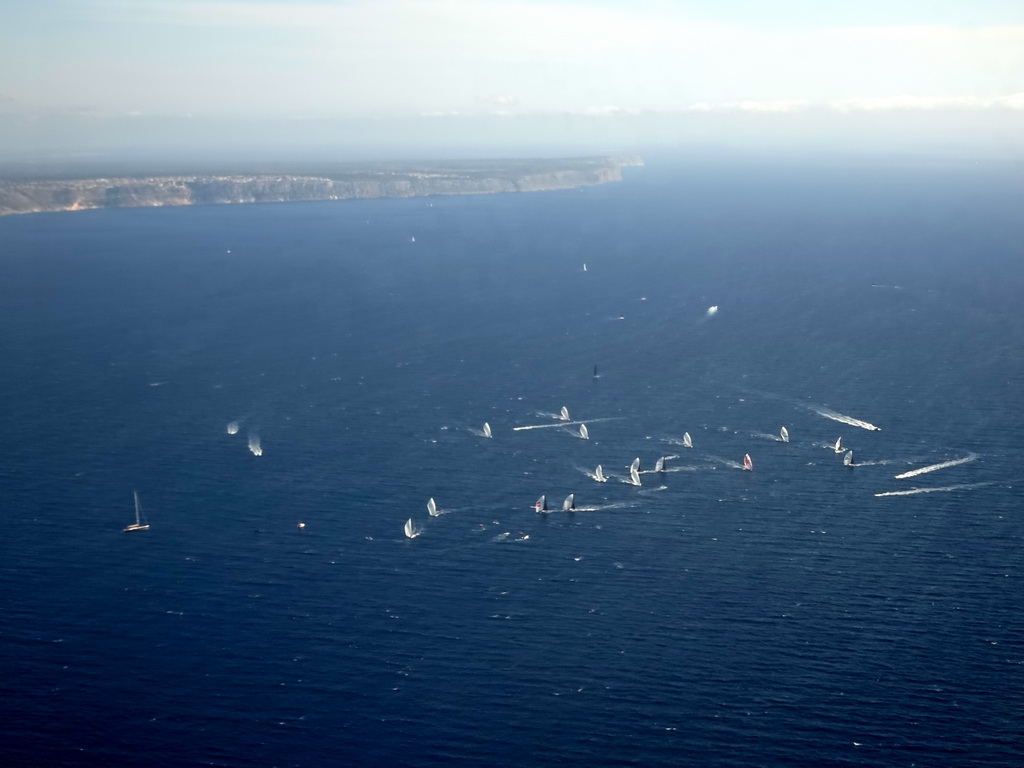 Sail boats in the Bay of Palma, viewed from the airplane from Rotterdam