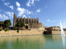 Fountain at the Parc de la Mar and the south side of the Palma Cathedral, viewed from the Carrer del Moll street