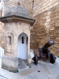Guardhouse and cannon at the east entrance to the Royal Palace of La Almudaina at the Carrer del Palau Reial street