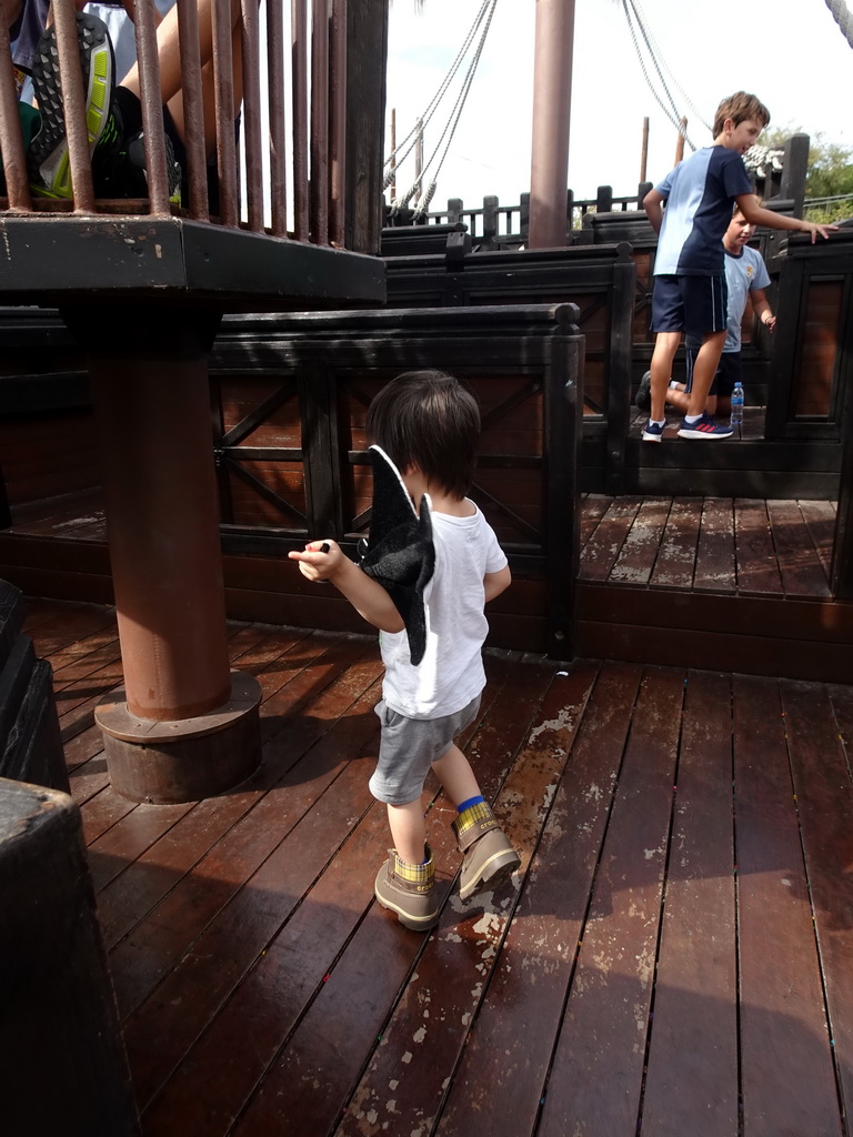 Max with a Stingray toy on the Pirate Ship at the Play Area at the Palma Aquarium