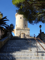 The northeast staircase and gate and the main tower of the Castell de Bellver castle