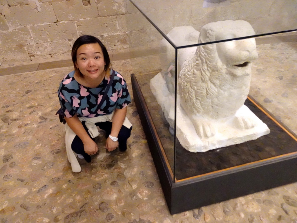 Max with a Lion statue at the museum at the first floor of the Castell de Bellver castle