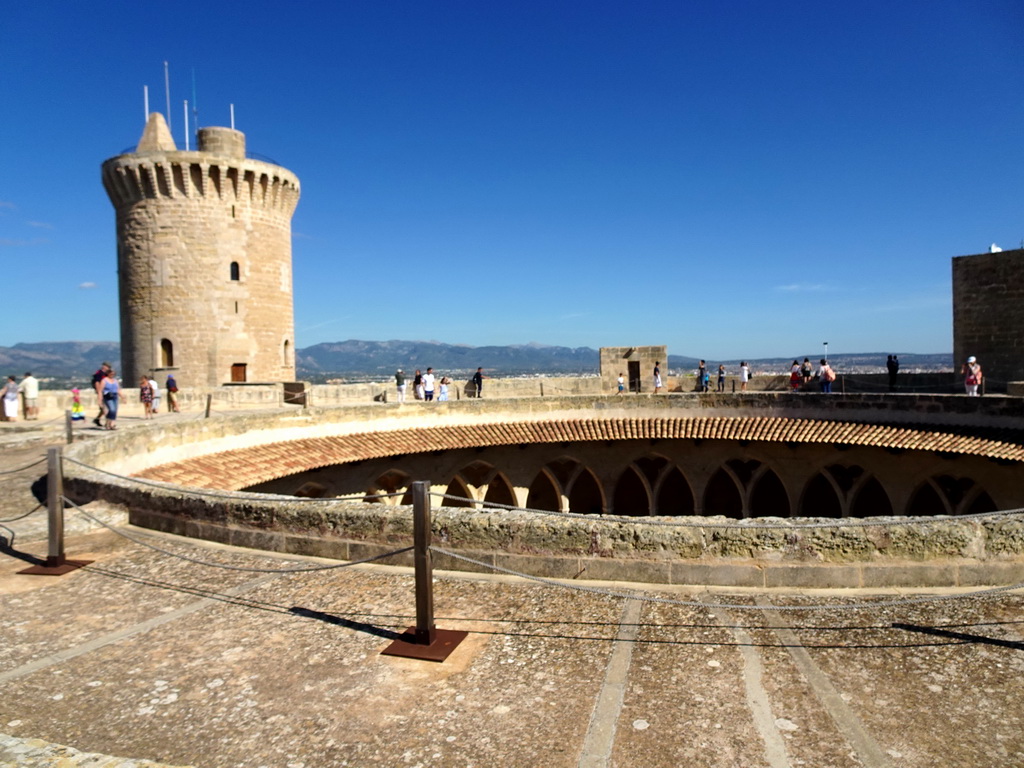 The roof and the main tower of the Castell de Bellver castle, viewed from the southwest side