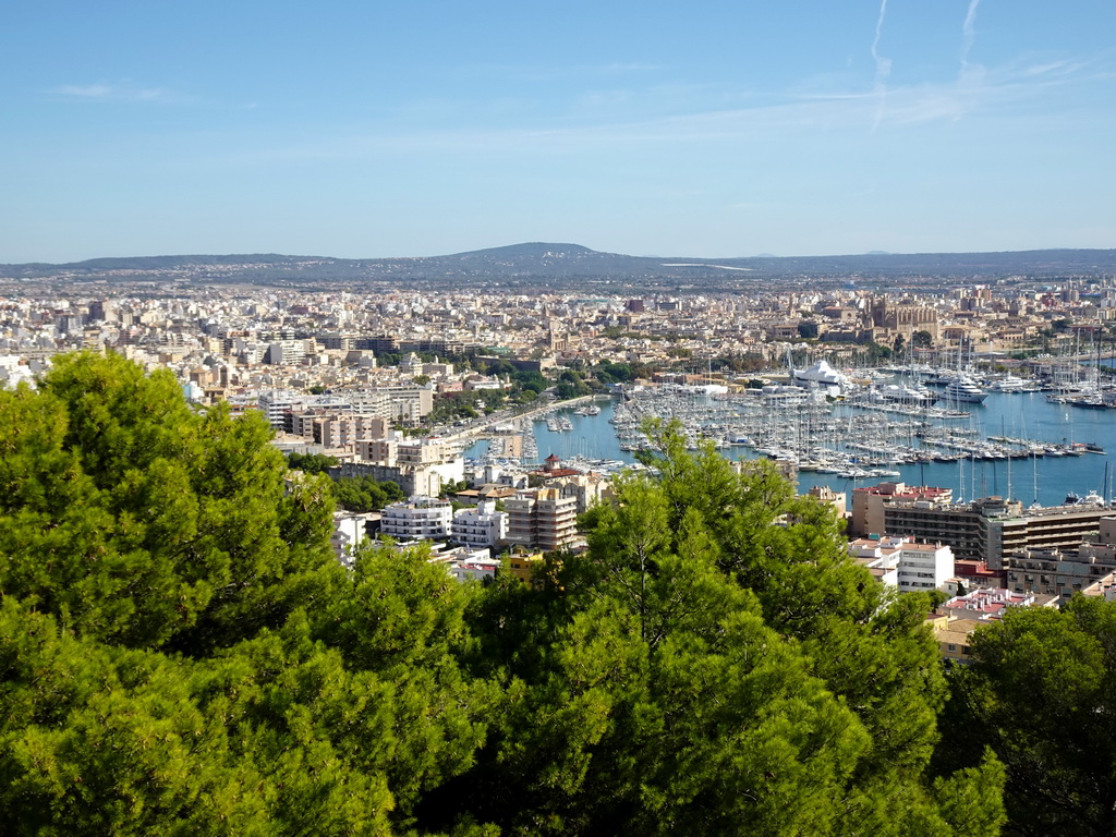 The Puerto de Palma harbour and the Palma Cathedral, viewed from the roof of the Castell de Bellver castle