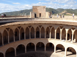 The roof, the first floor and the inner square of the Castell de Bellver castle, viewed from the east side