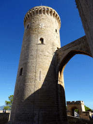 The main tower of the Castell de Bellver castle, viewed from the bridge at the northwest side