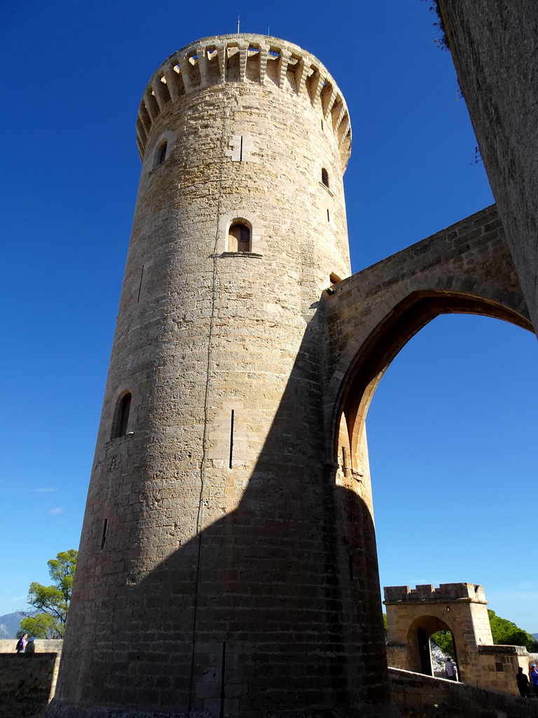 The main tower of the Castell de Bellver castle, viewed from the bridge at the northwest side