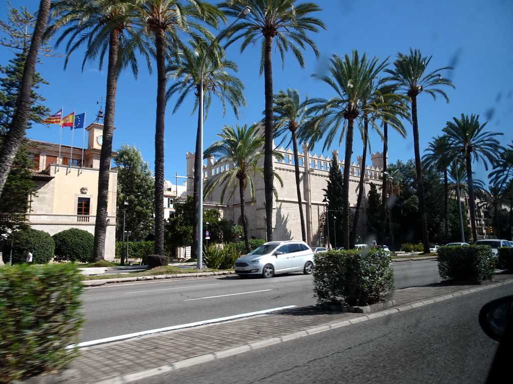 The Lonja de Mallorca building, viewed from the rental car on the Avinguda de Gabriel Roca street