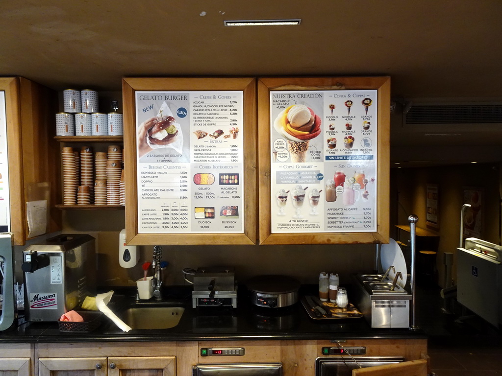 Menu at the Amorino ice cream store at the Plaça de Weyler square